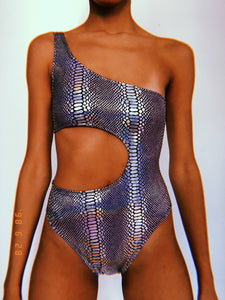Holographic Black Snake Cut Out Bodysuit