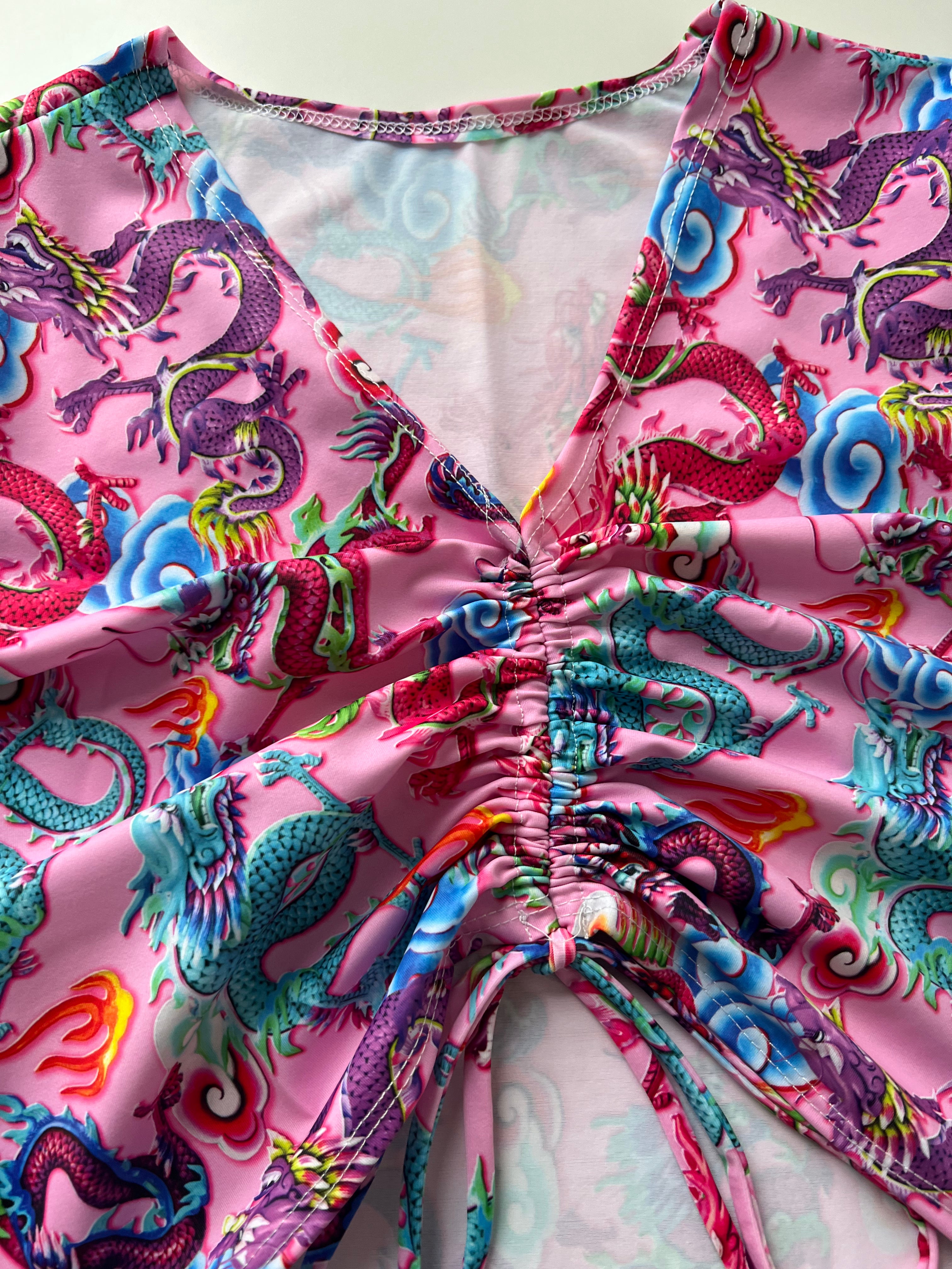 (28) Size 8 - Pink Dragon Ruched Top